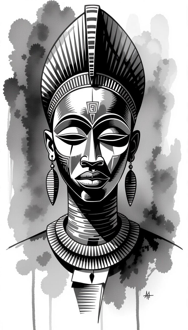 African Mask Portrait in Expressive Ink Wash Style