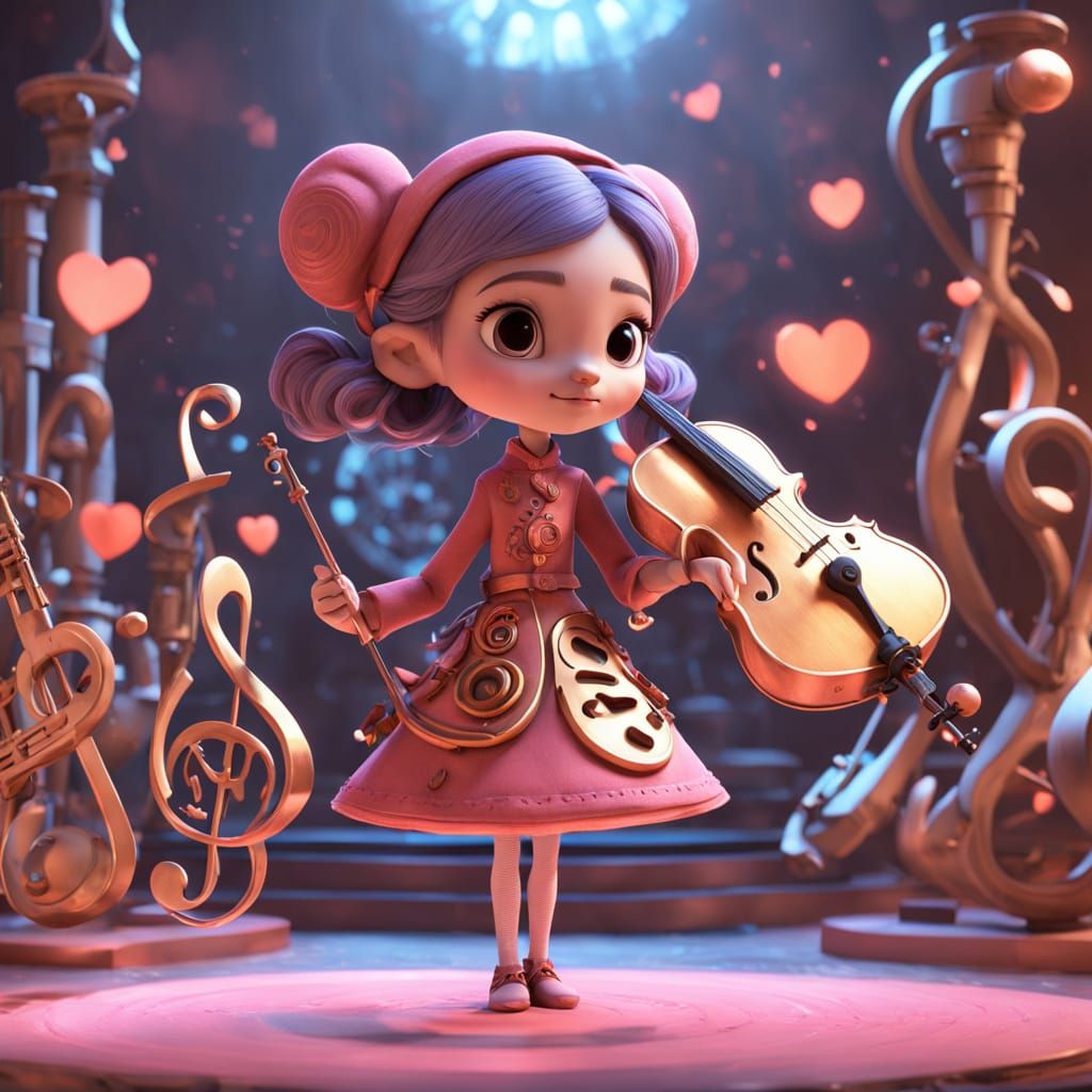 Whimsical Girl Surrounded by Heart-Shaped Instrument in Vibr...