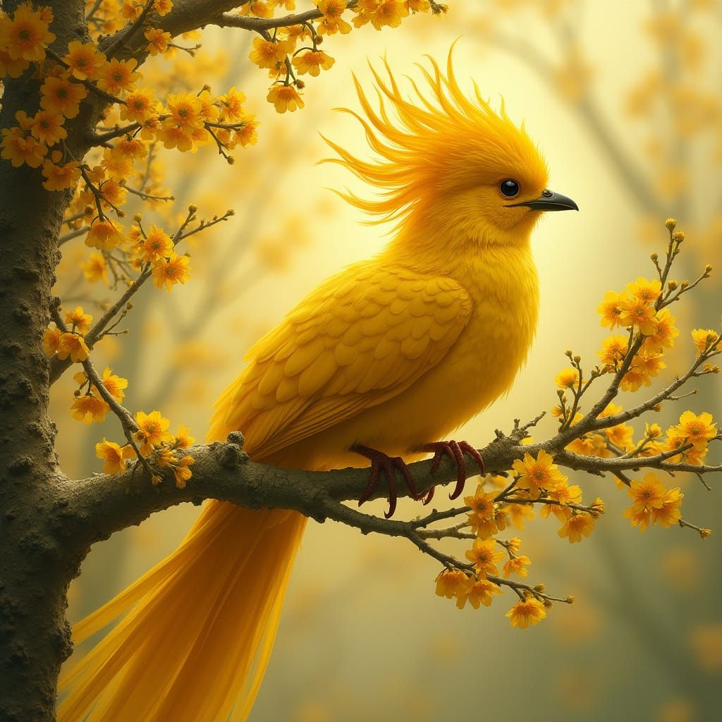 Majestic Yellow Bird Perched on Flowering Branch