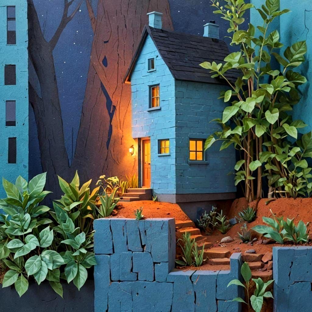 Whimsical House and Plants in Abstract Style