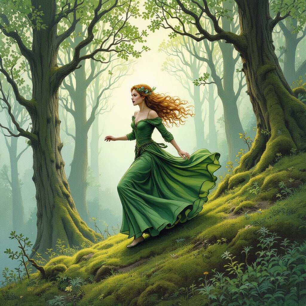 Forest Fae Run on Mossy Slope in Whimsical Style