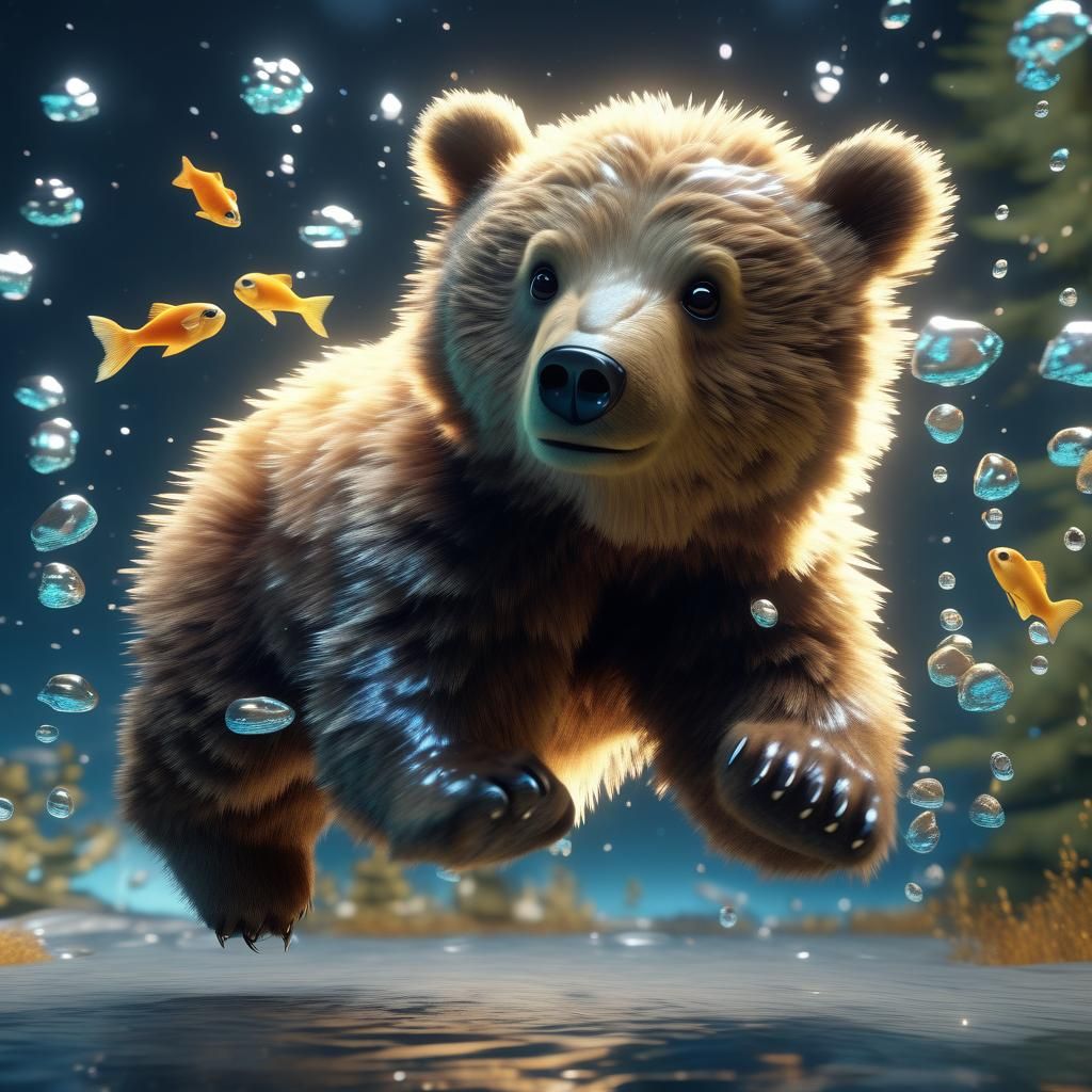 Hyperrealistic Baby Bear with Flying Fish