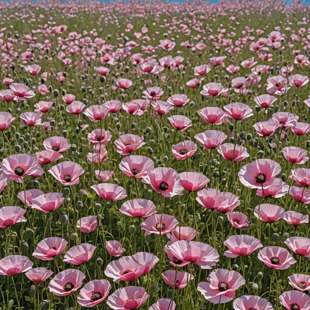 Pink Poppy Field Under Blue Sky