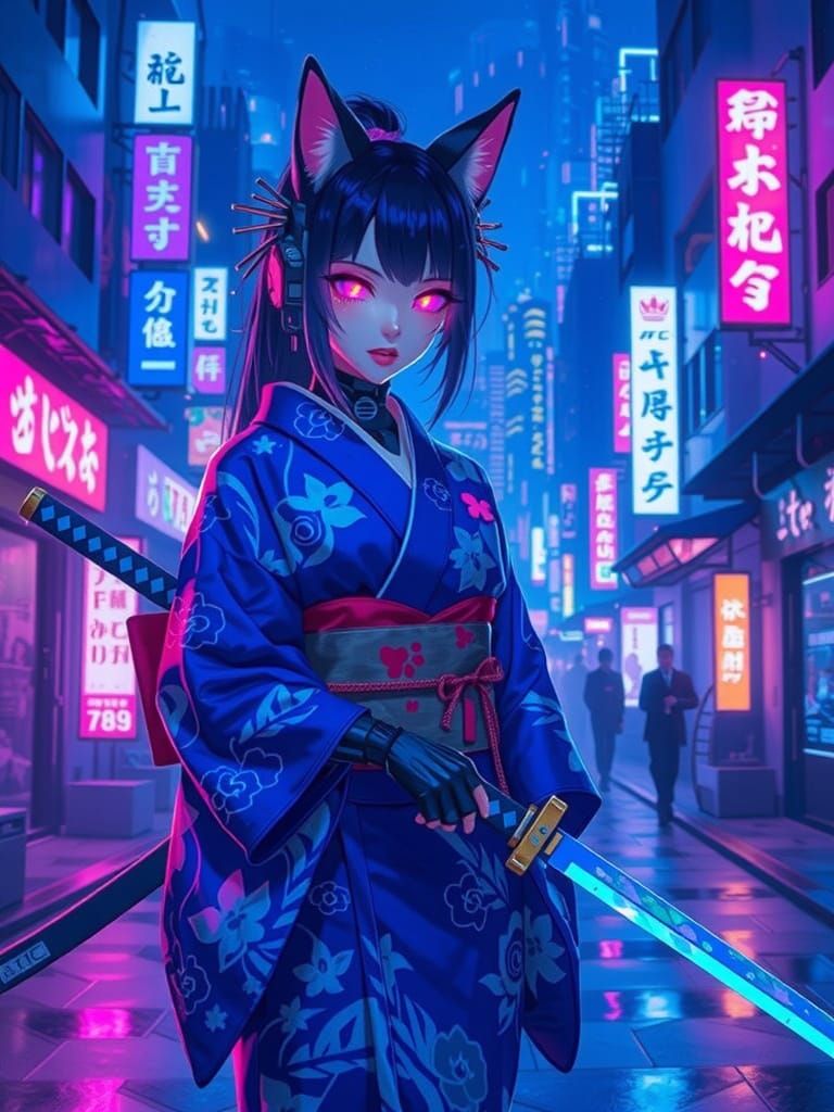 Cyberpunk Kitsune Warrior in Neon Cityscape