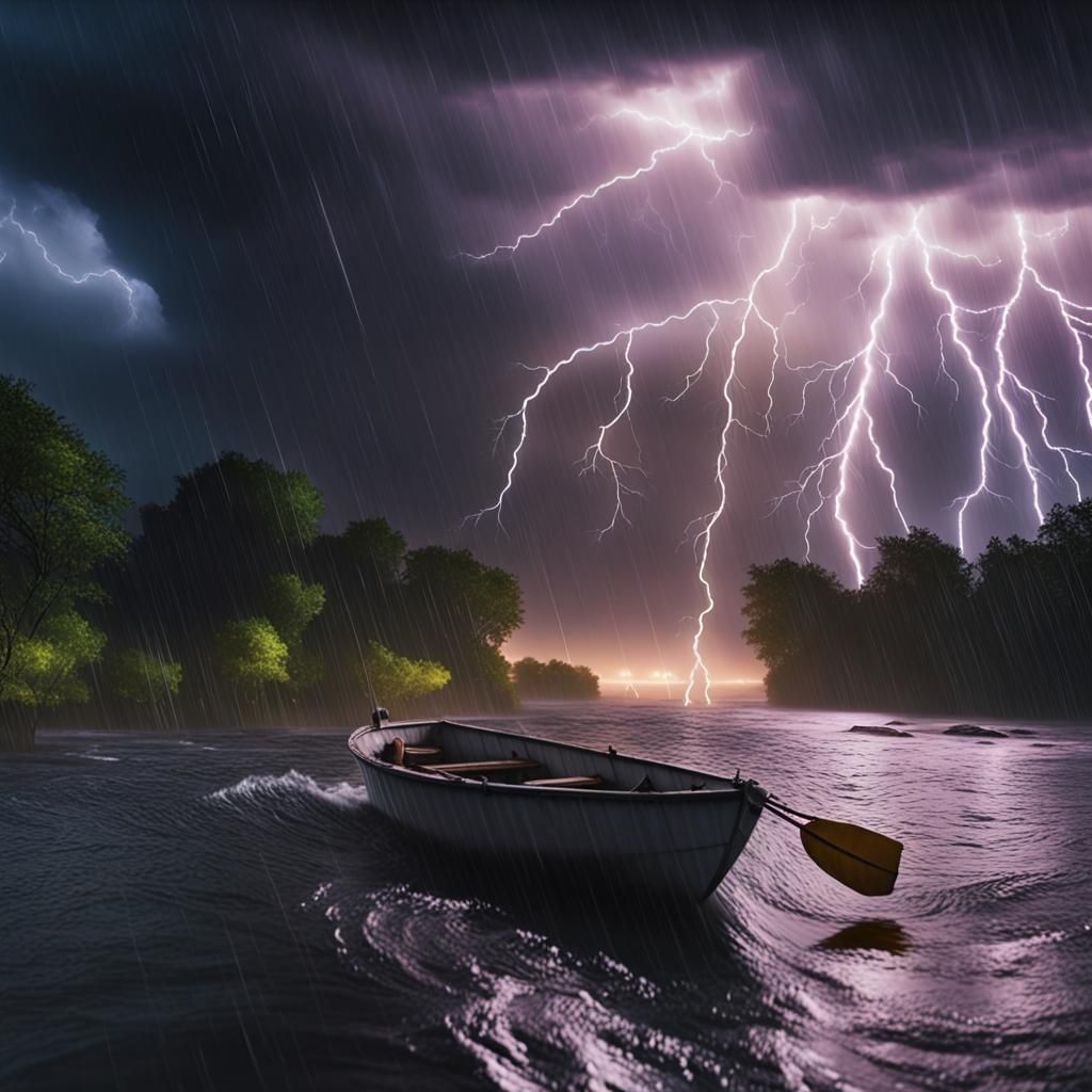 Mystical Rainstorm: Onlooker in Boat Watches Lightning