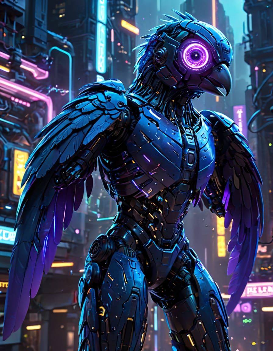 Cyberpunk Cyborg Bird in Neon Metropolis Digital Art
