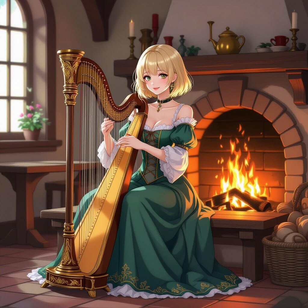 Renaissance Beauty with Harp by Fireplace