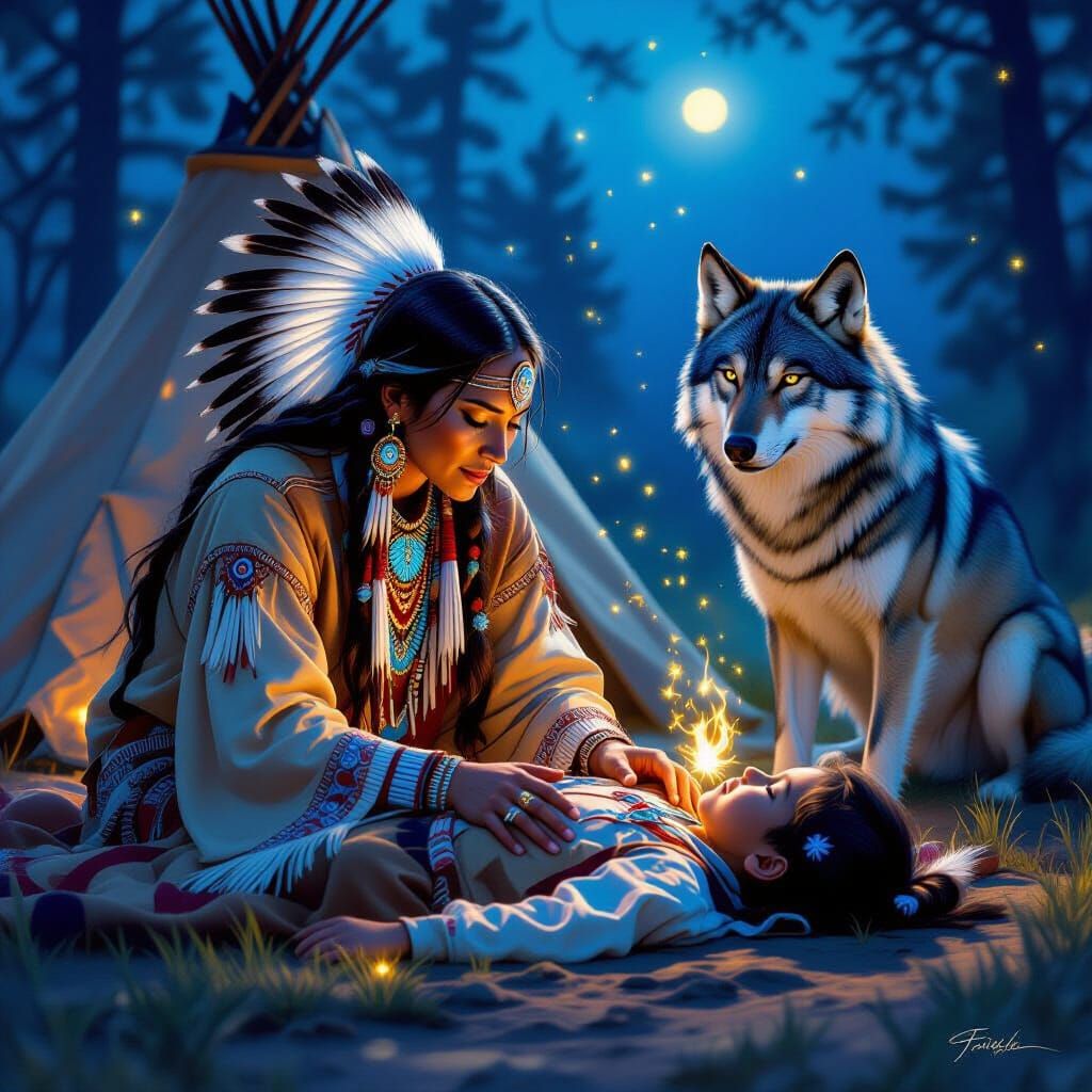 Native Healer and Child Under Twilight Sky
