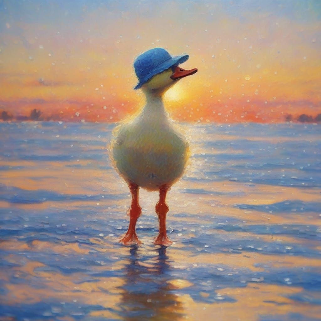 Chibi Duckling Dances on Water at Dawn in Impressionist Styl...