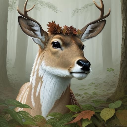 Watercolor Deer Eating Leaves in Forest