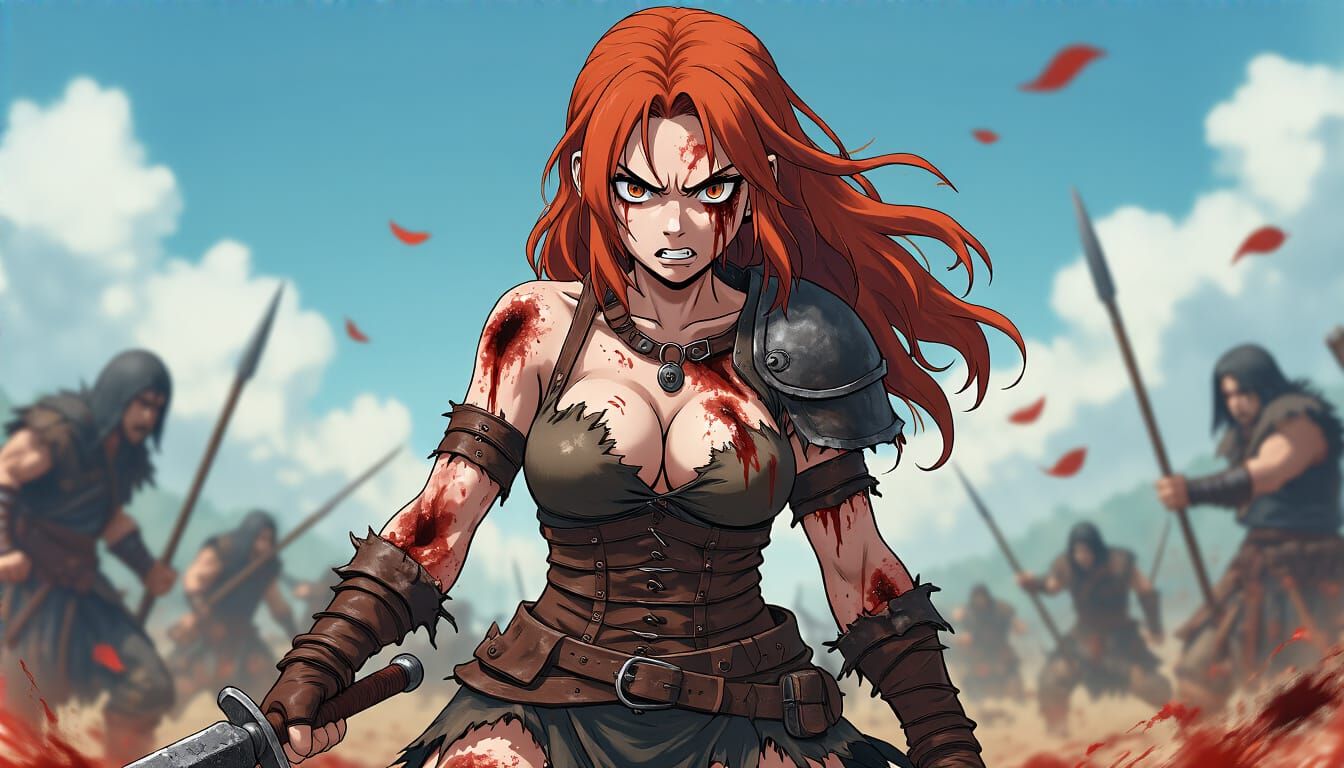 Redhead Barbarian Warrior in Anime Art Style