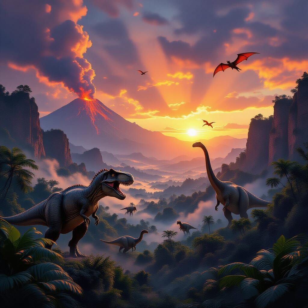 Jurassic Valley Sunset with Dinosaurs in 8K