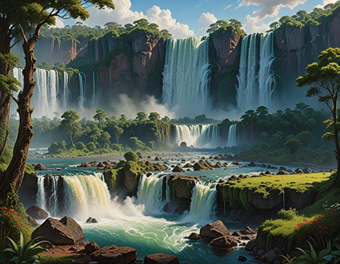 Lush Iguazu Falls Landscape in a Romantic Realist Style