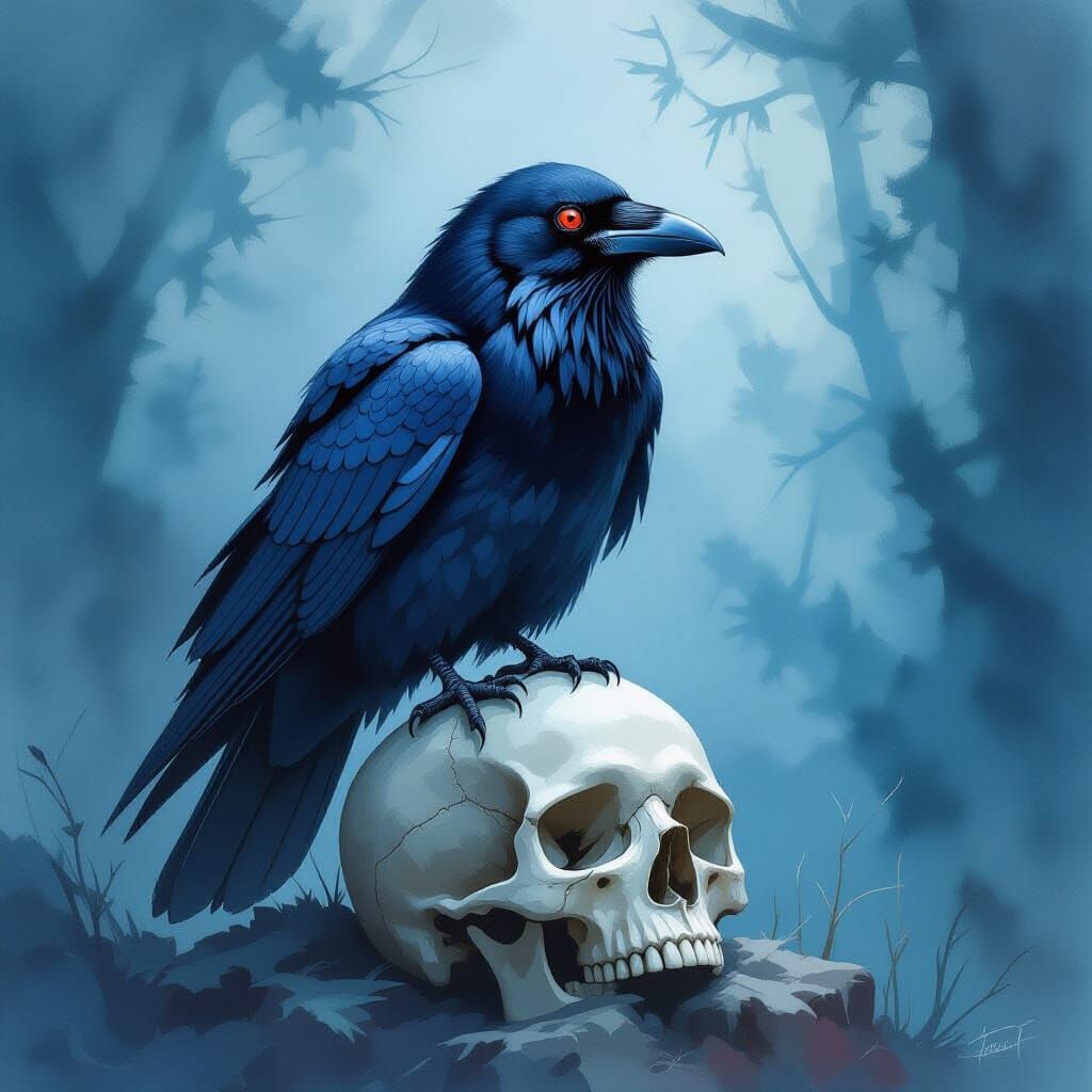 Raven on Skull Watercolor Painting in Dramatic Style