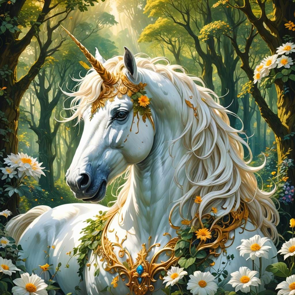 Majestic White Unicorn in Dreamy Forest Painting