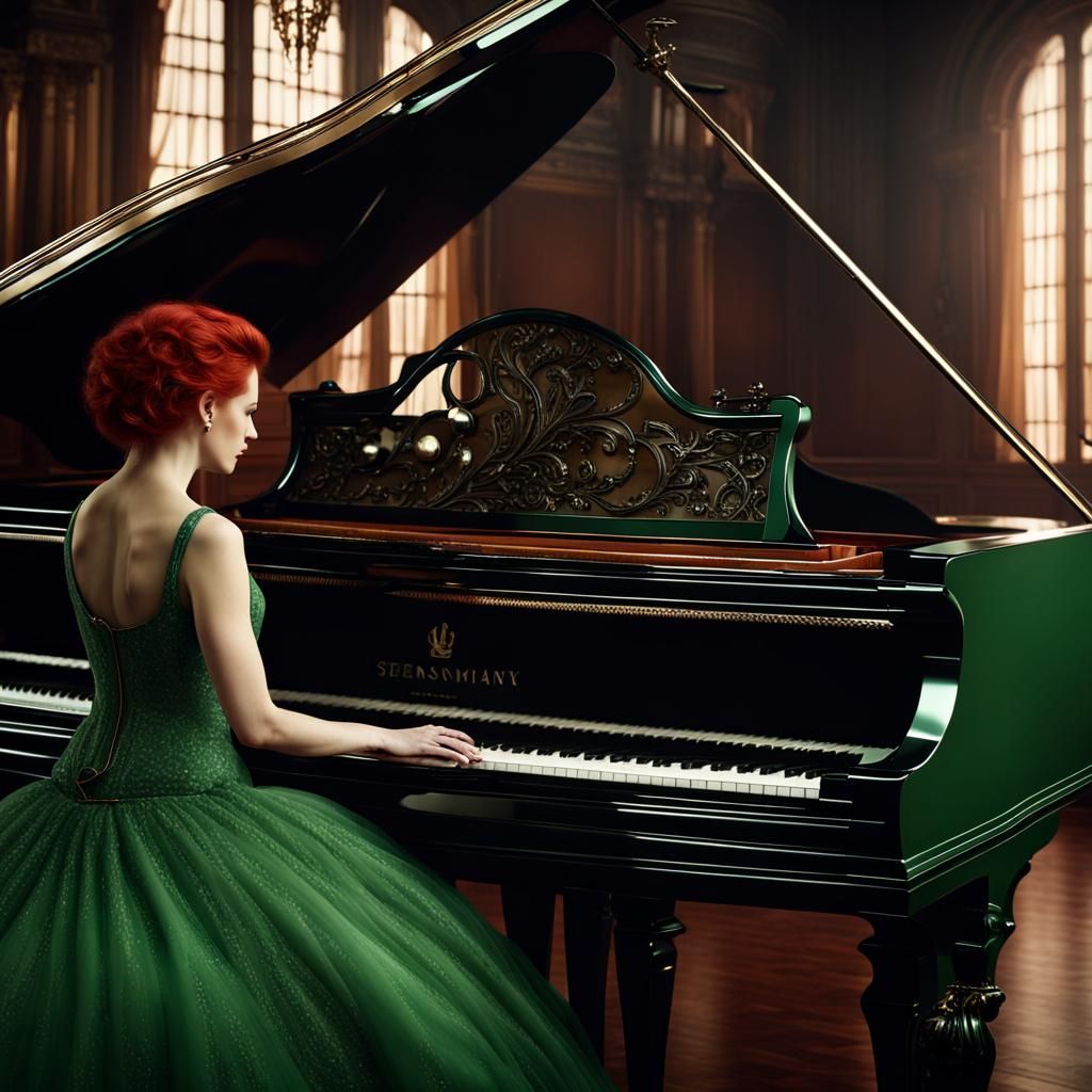 Redhead in Green Gown Plays Steinway Piano