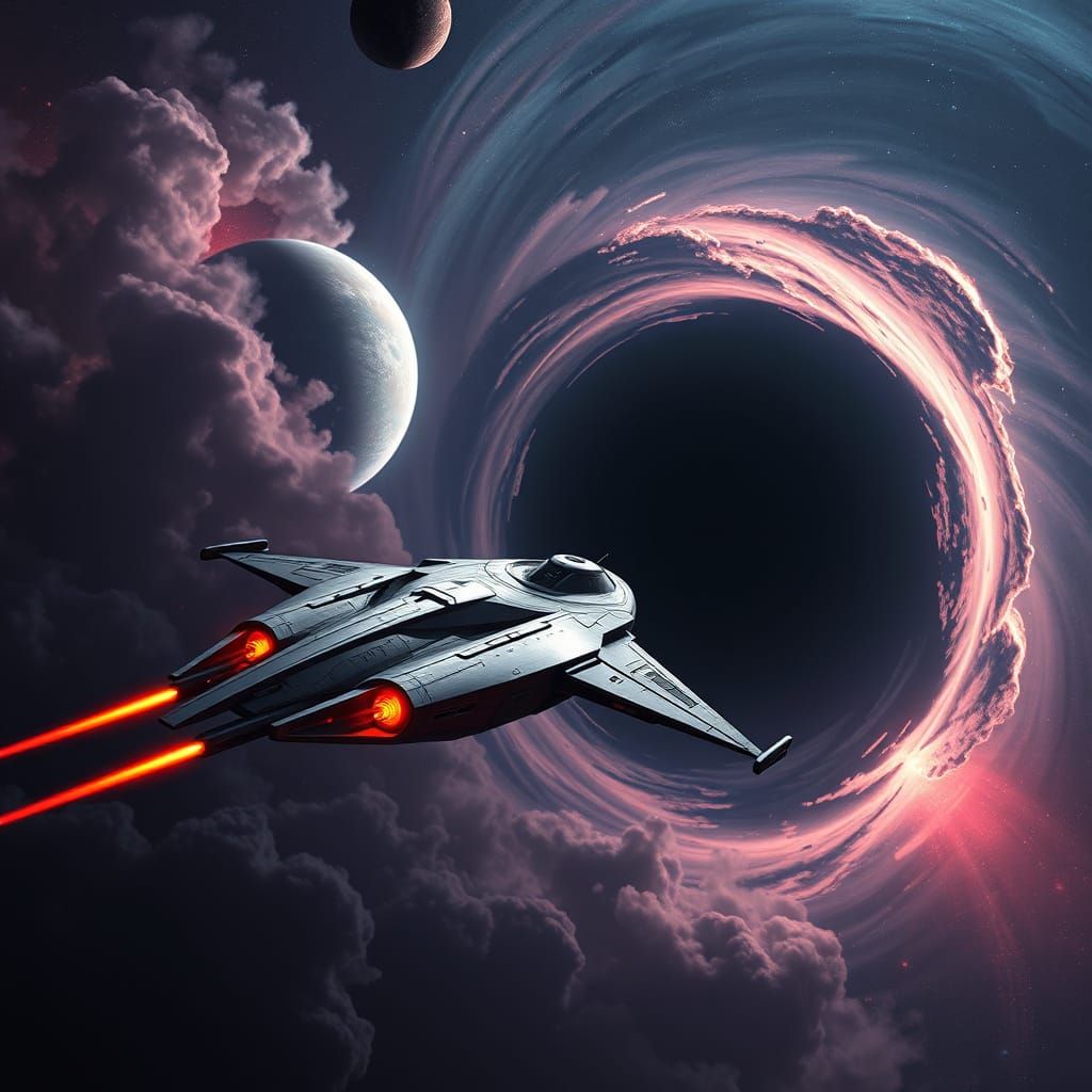 Sleek Star Ship Explores Cosmic Landscape with Black Hole an...