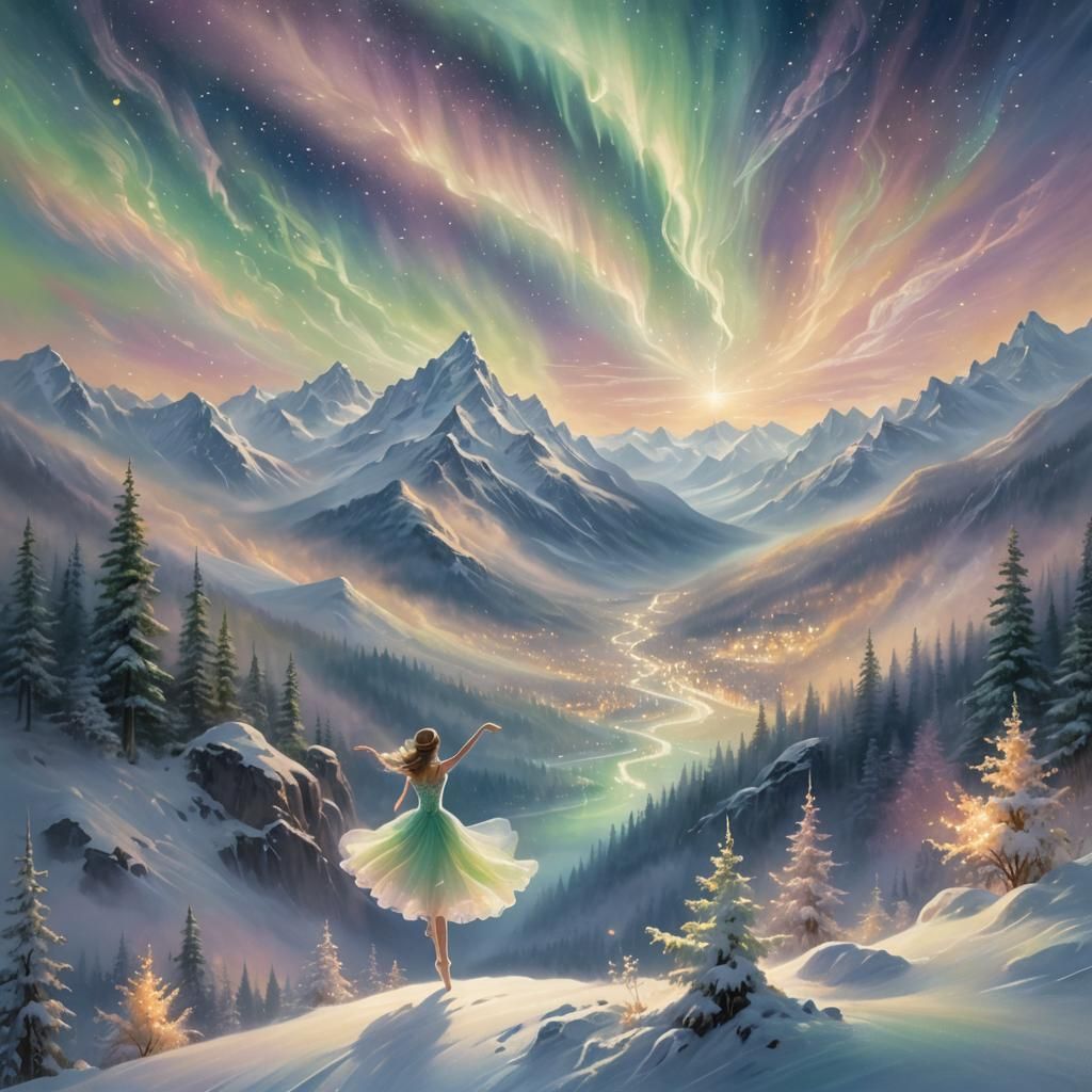 Celestial Ballet Dancer in Snowy Mountain Scene