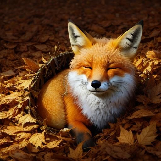 Fox Made of Radiant Light Slumbers in a Glowing Leaf Pile