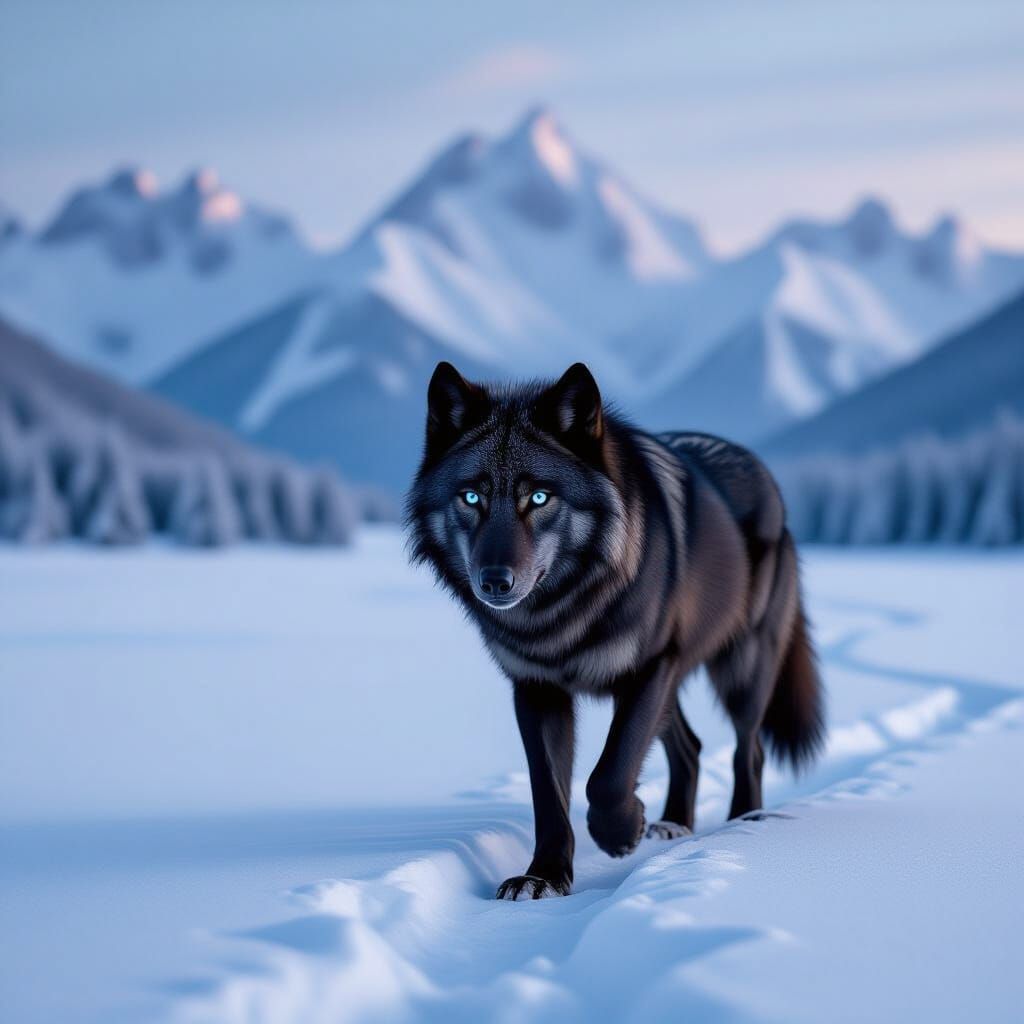 Lone Wolf with Blue Eyes in Snowy Mountain Landscape