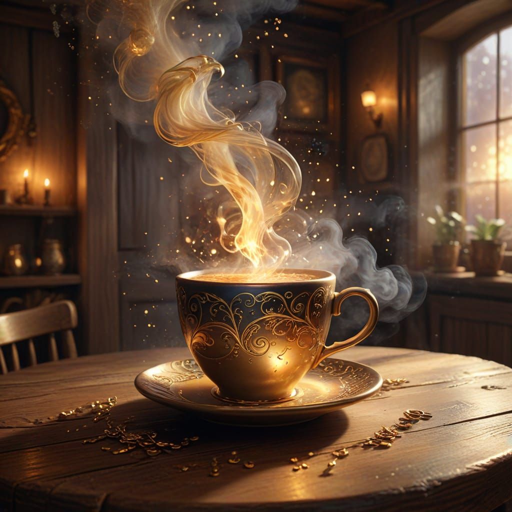 Whimsical Fantasy Coffee Scene in Vibrant Colors
