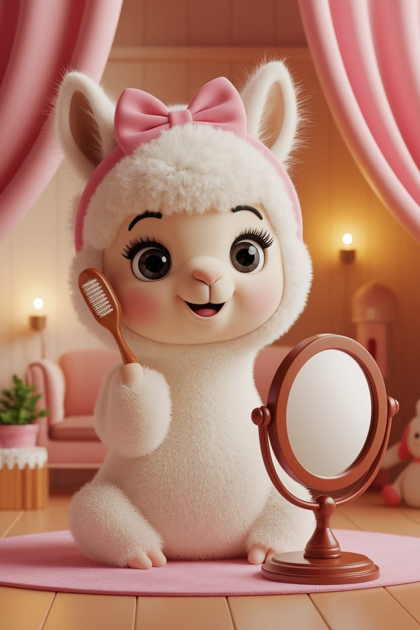 Pixar-Style Alpaca with Bow Headband at Vanity
