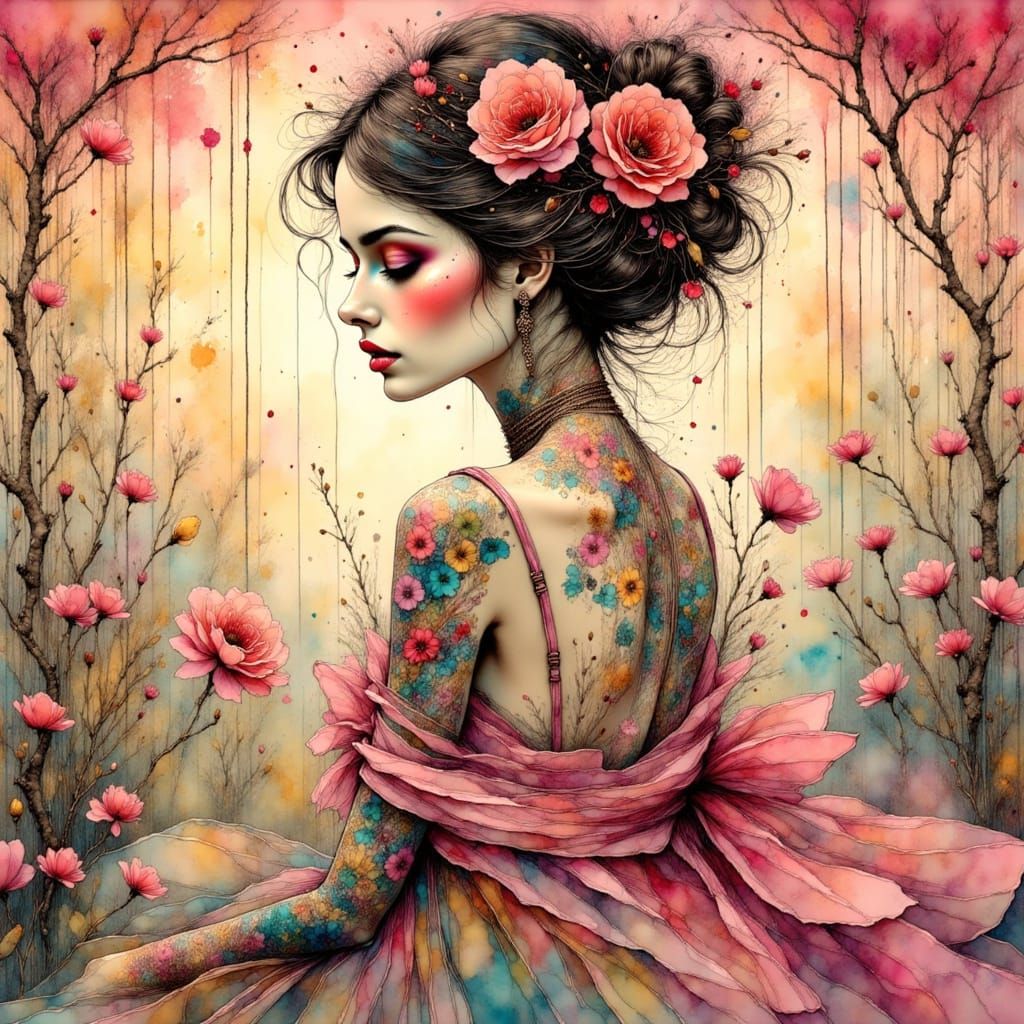 Tattooed Woman in Romantic Art Nouveau Style