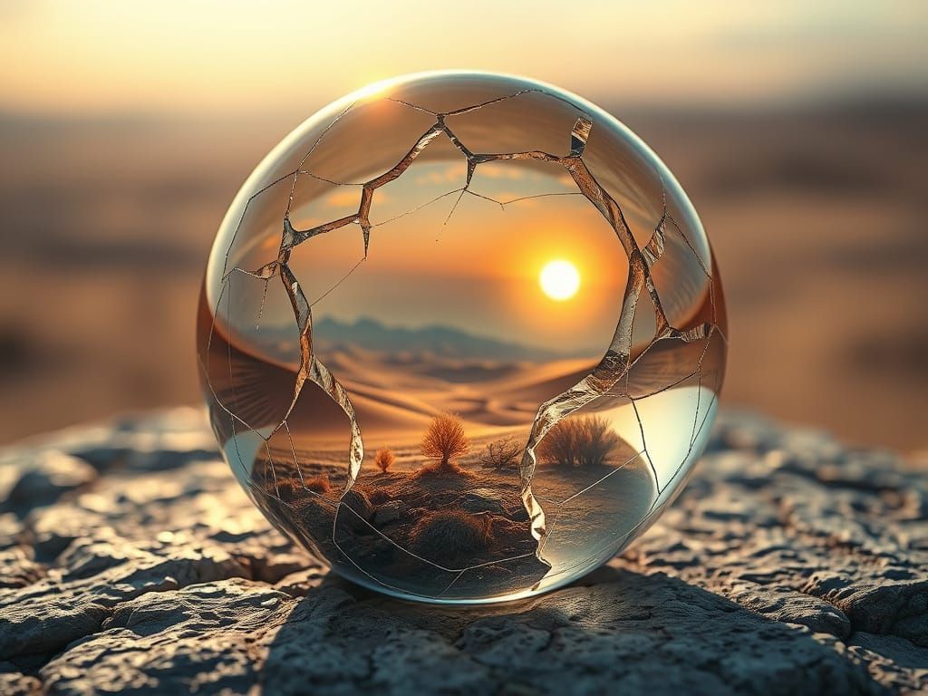 Fragmented Glass Orb Reflecting Desert Landscape