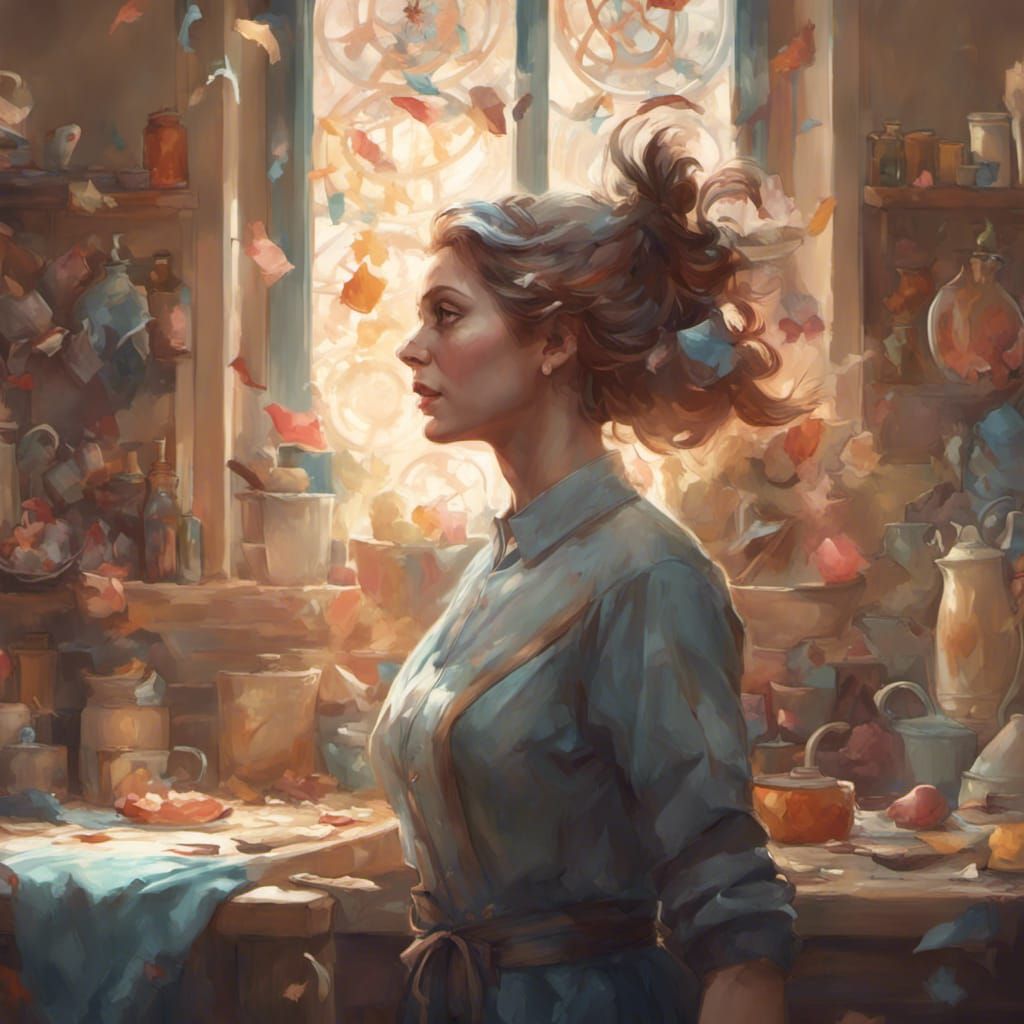 Superpowered Mom Does Chores: Hyperdetailed Portrait