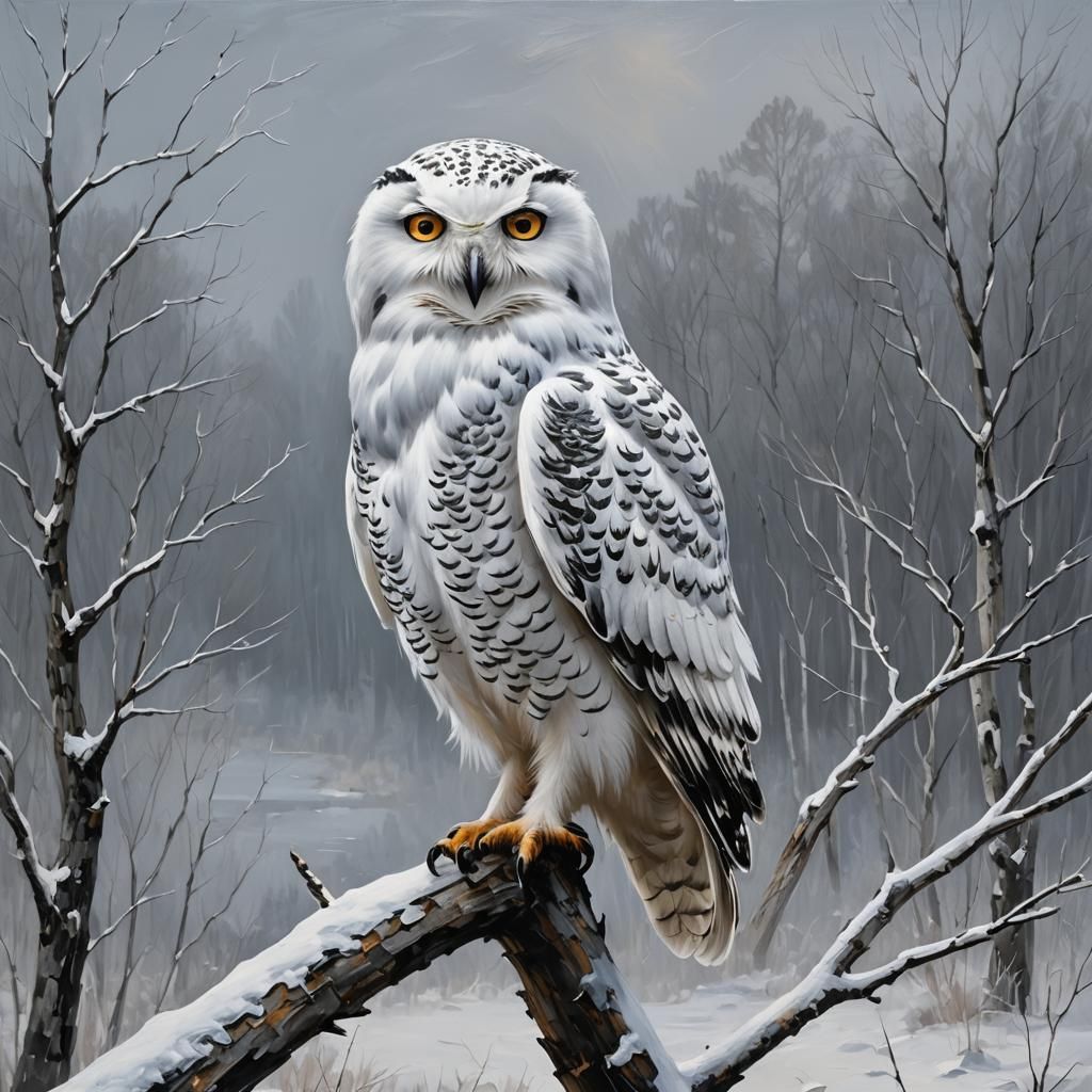 a snowy owl in a gray forest