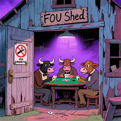 Old Bulls Play Poker in Ramshackle Barn
