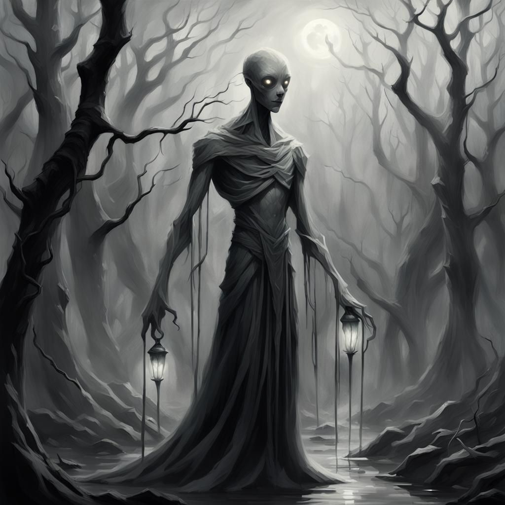 Grayscale Sprout in Misty Dark Fantasy Landscape
