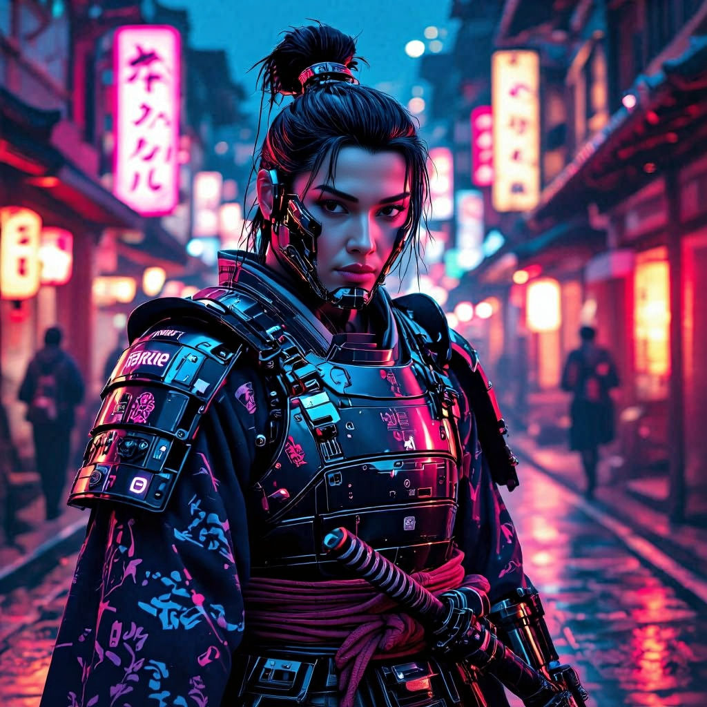 Cyberpunk Samurai in Futuristic Kyoto