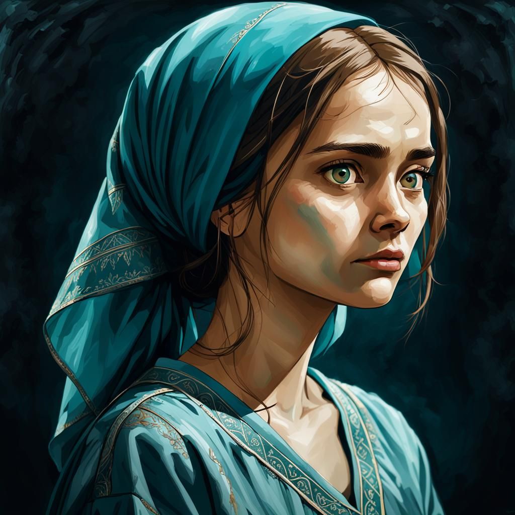 Watercolor Portrait of a Woman with Turquoise Umbrella