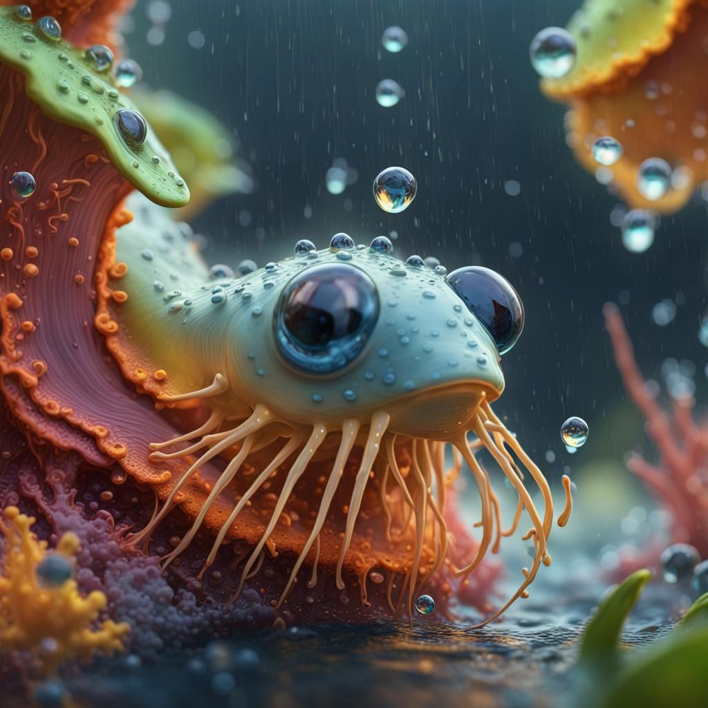 Hyperrealistic 3D Amoebas in Scandinavian Raindrop Habitat