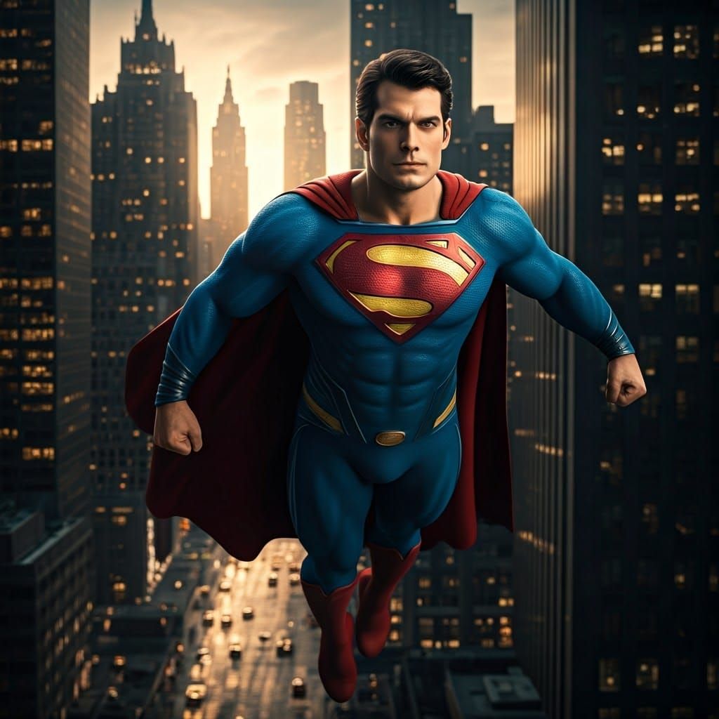 Heroic Superman Soars Over Metropolis in Cinematic Hyperreal...