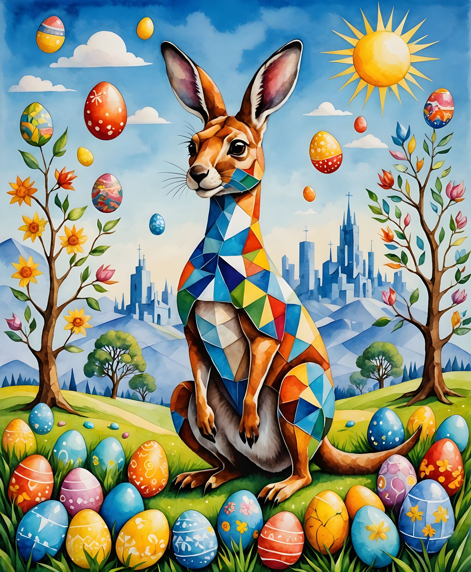 Vibrant Easter Cubist Scene with Iridescent Hues