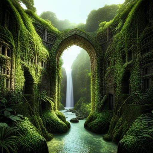 Sunlit Forest Ruins with Stream: Digital Matte Painting