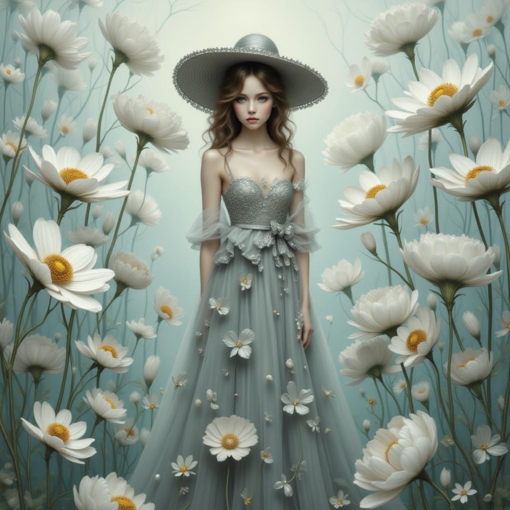 Dreamlike Girl in Floral Field, Surreal Painting