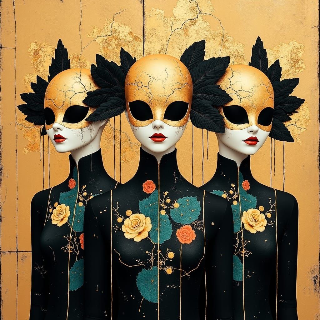 Symmetrical Masquerade Mannequins in Golden Leaf Background
