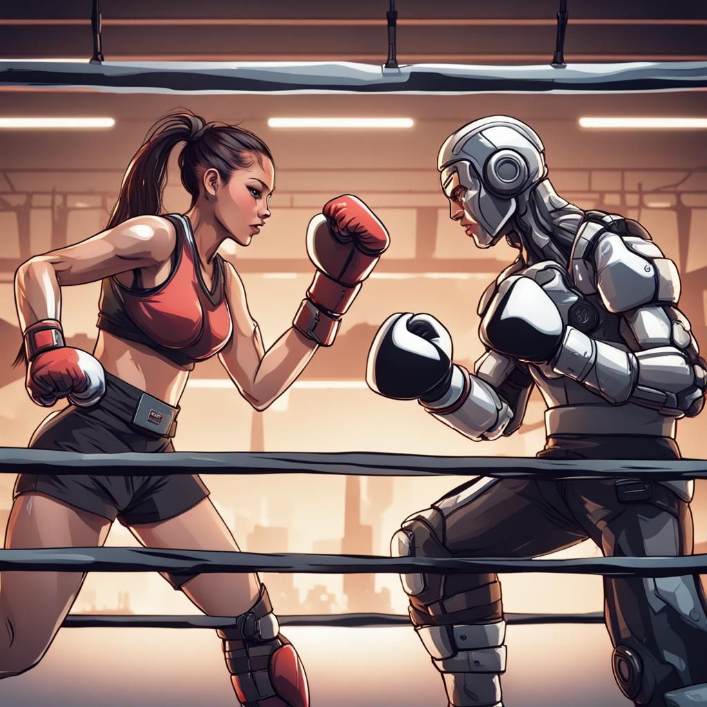 Cyborgs Boxing in a Futuristic Ring