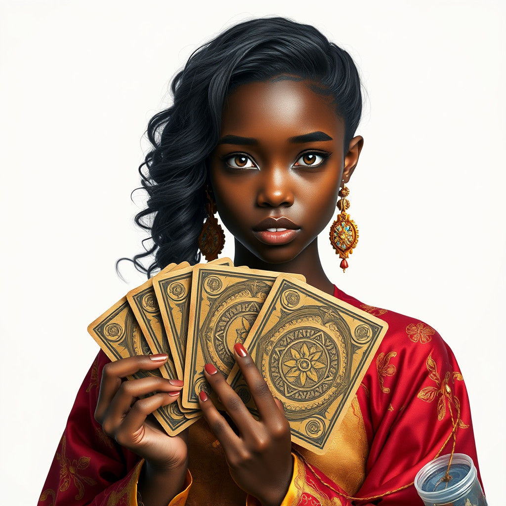 Young Woman Holding Cards in Matte Painting Style
