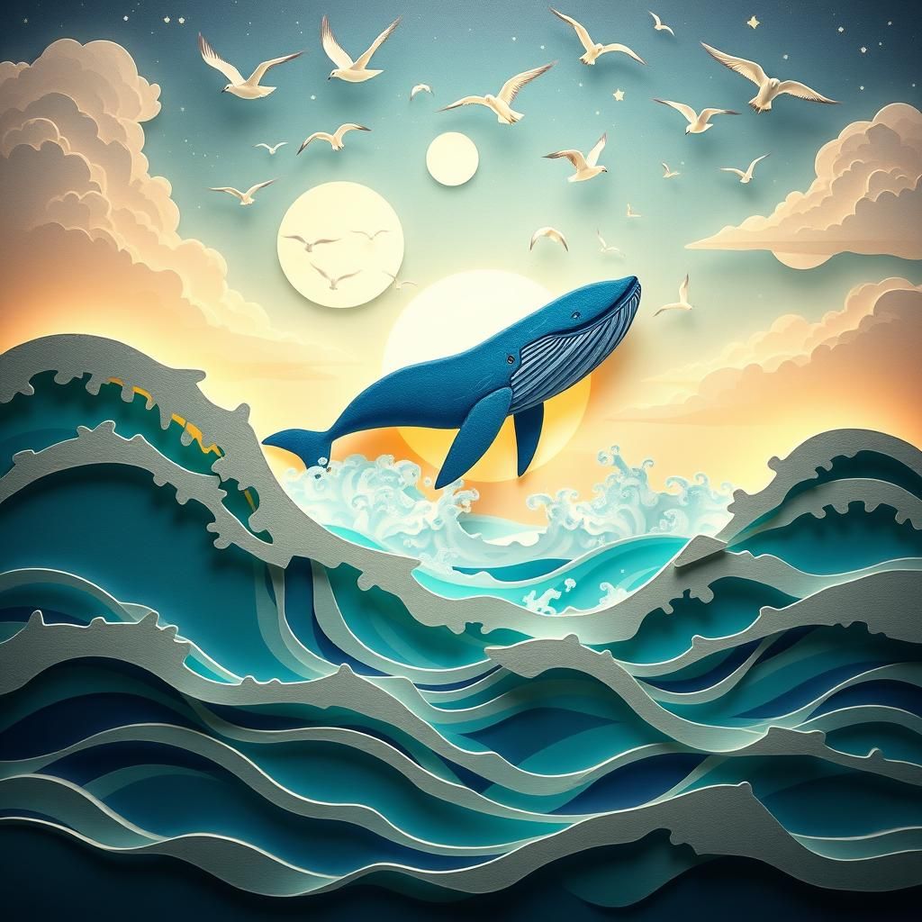 Joyful Blue Whale Leaping: 3D Paper-Cut Illustration
