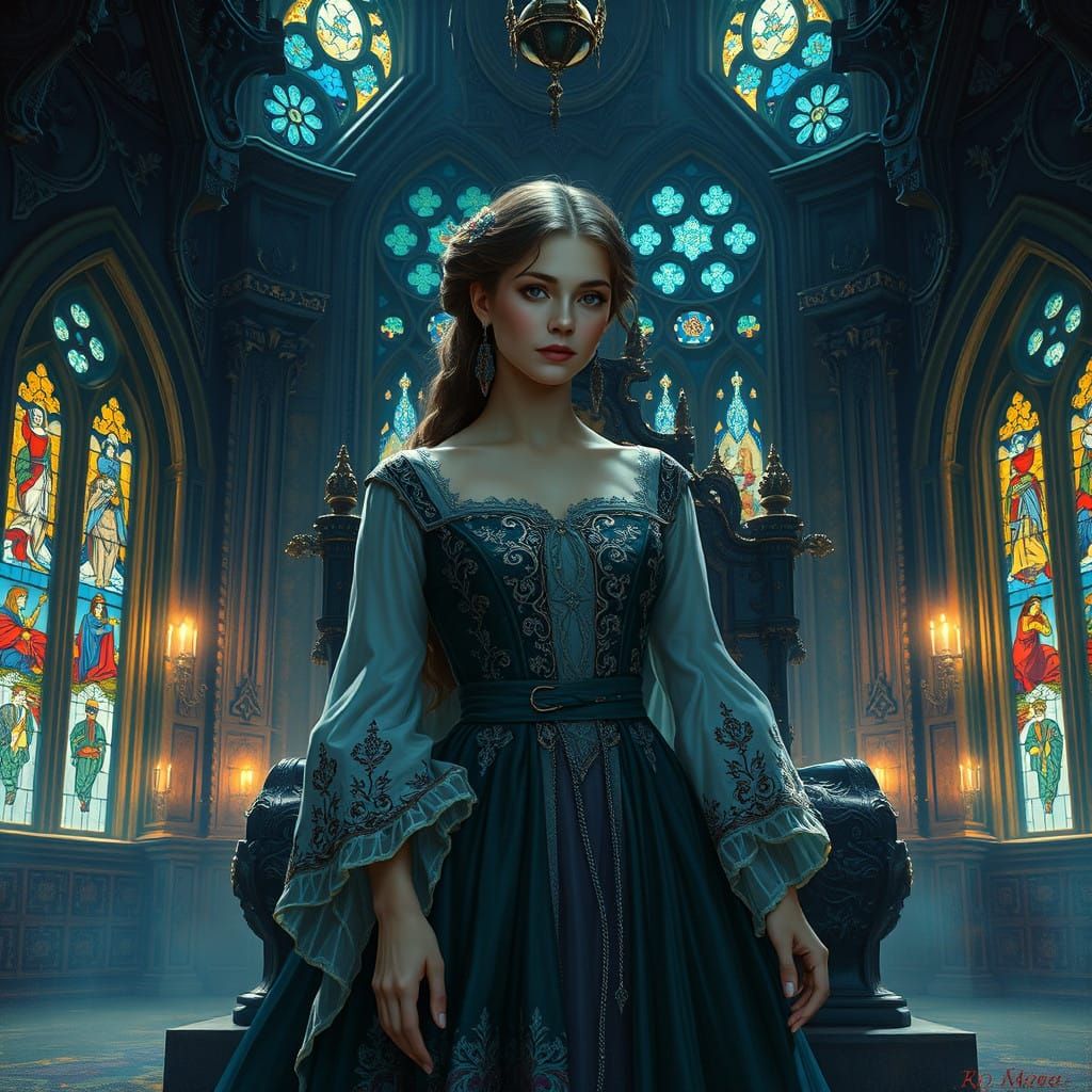 Elegant Medieval Woman in Majestic Throne Room