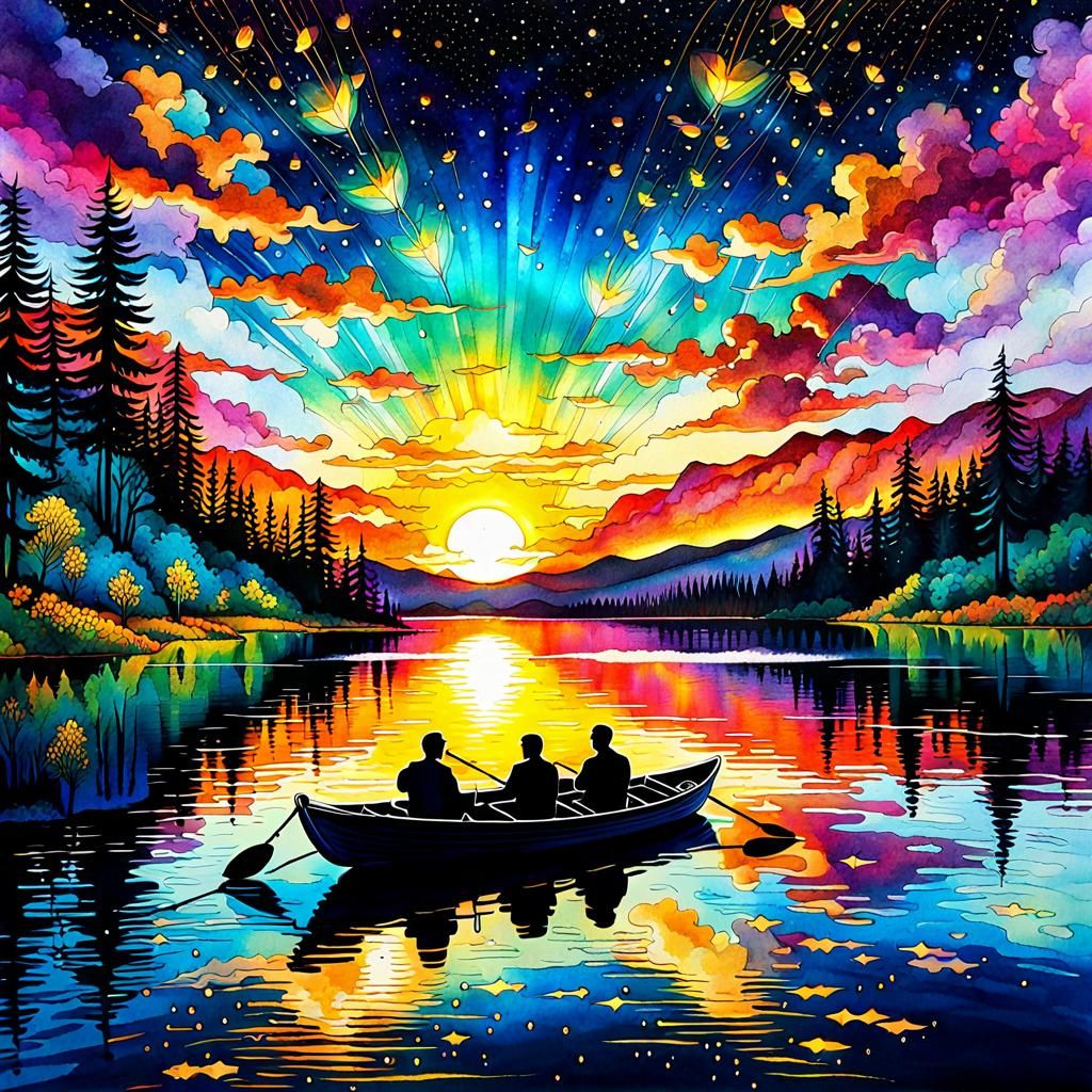Couple in Boat at Sunset: Astral Watercolor Art