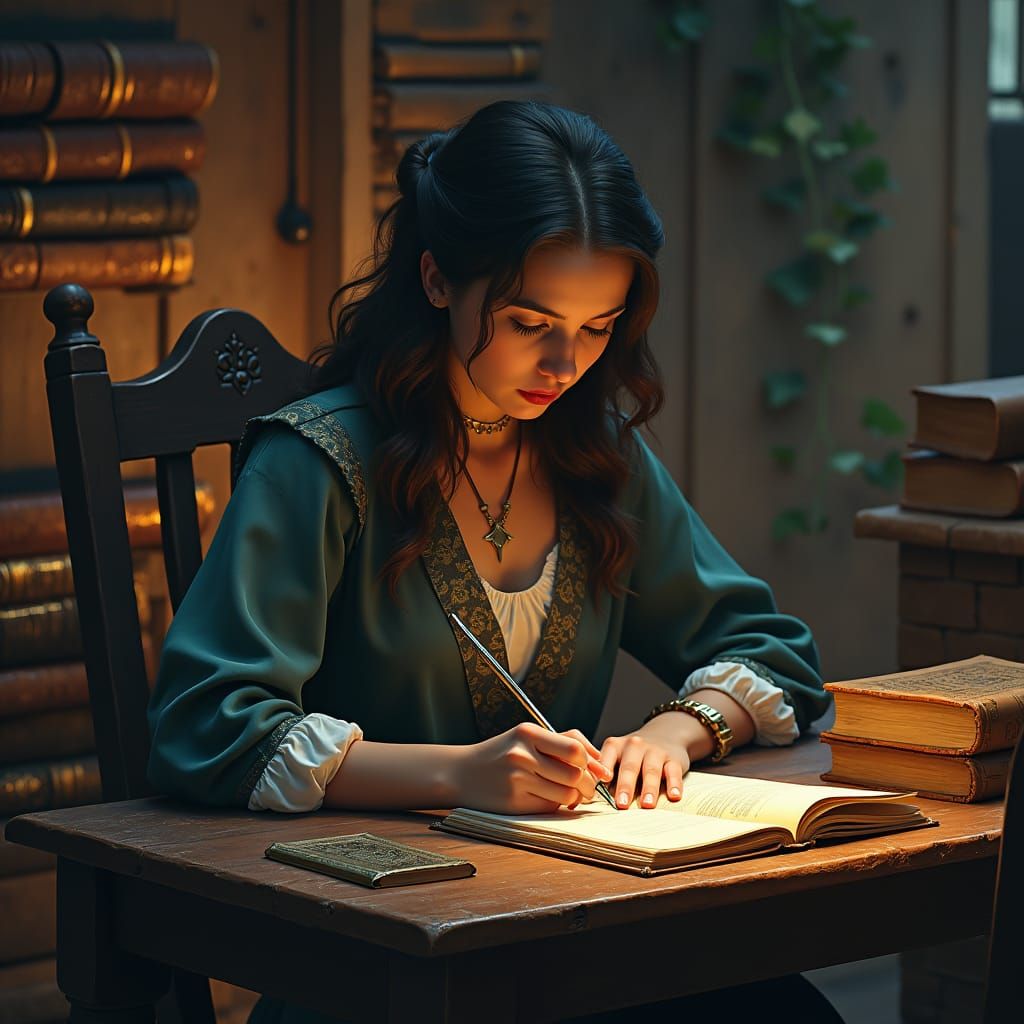 Mystical Woman Writing in Journal, Fantasy Concept Art