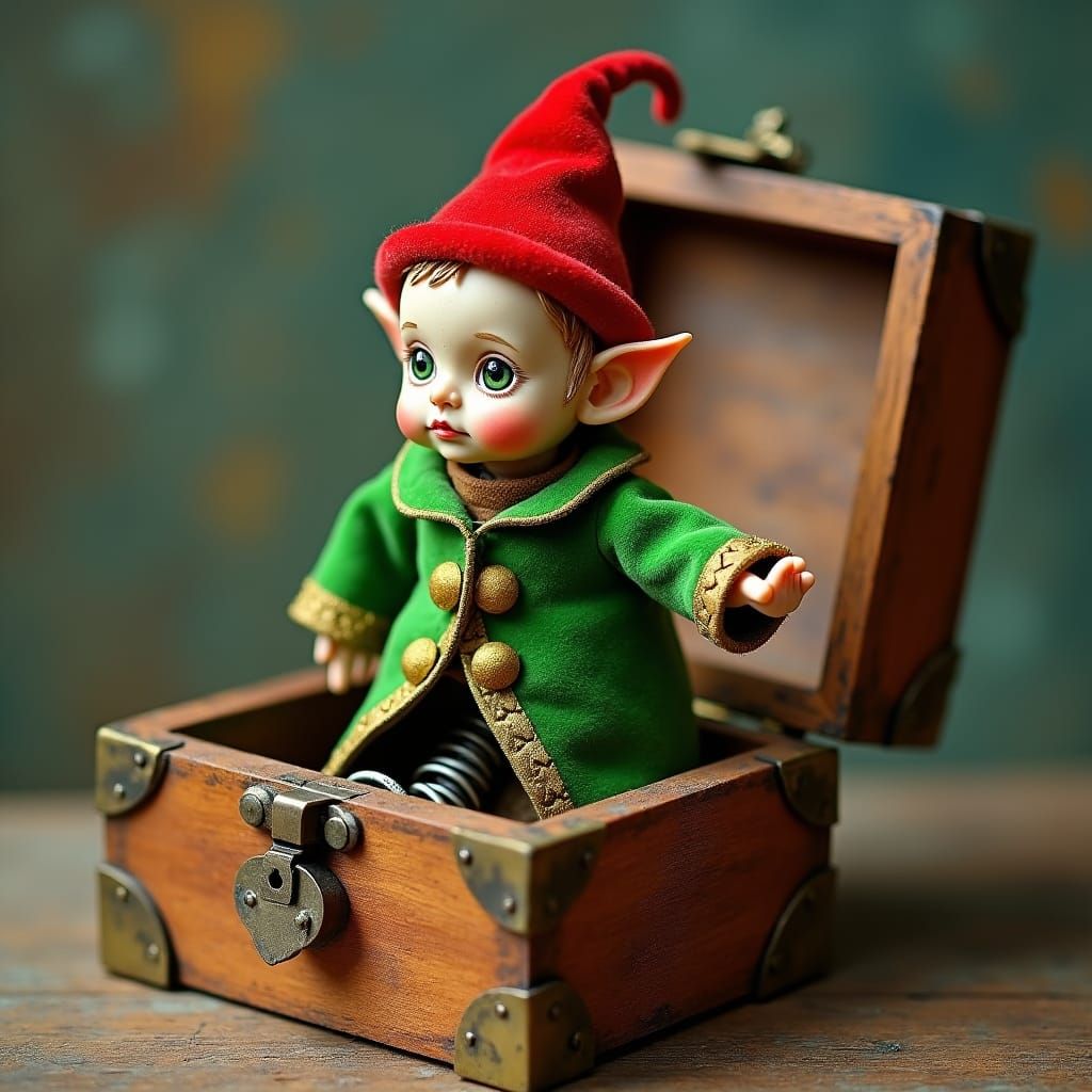 Whimsical Elf Bursts From Antique Box