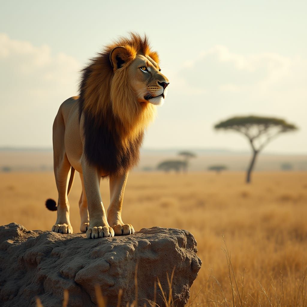 Majestic Lion Overlooking African Savanna