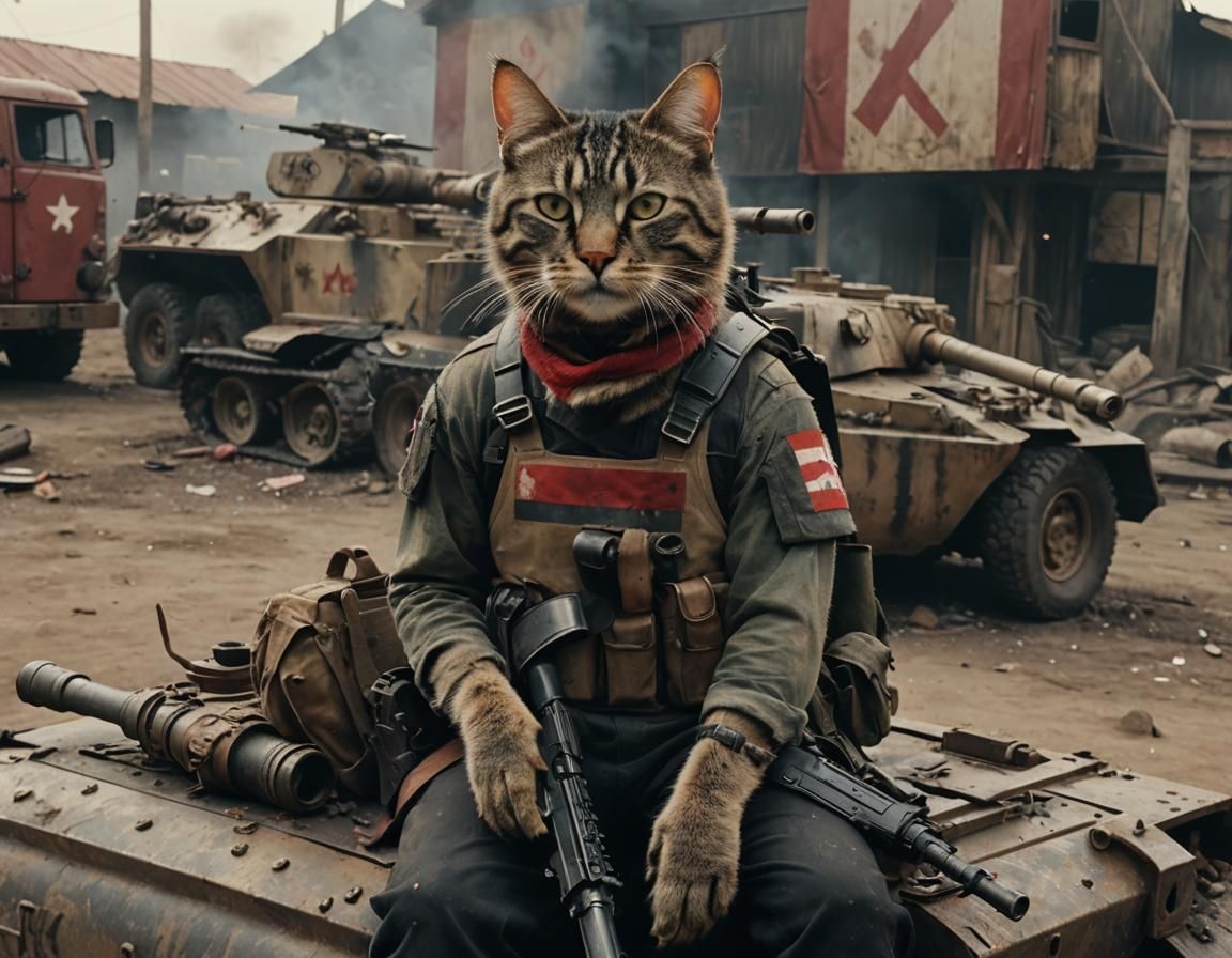 Cat Soldier in a Military Mashklat, Cinematic Oil Painting