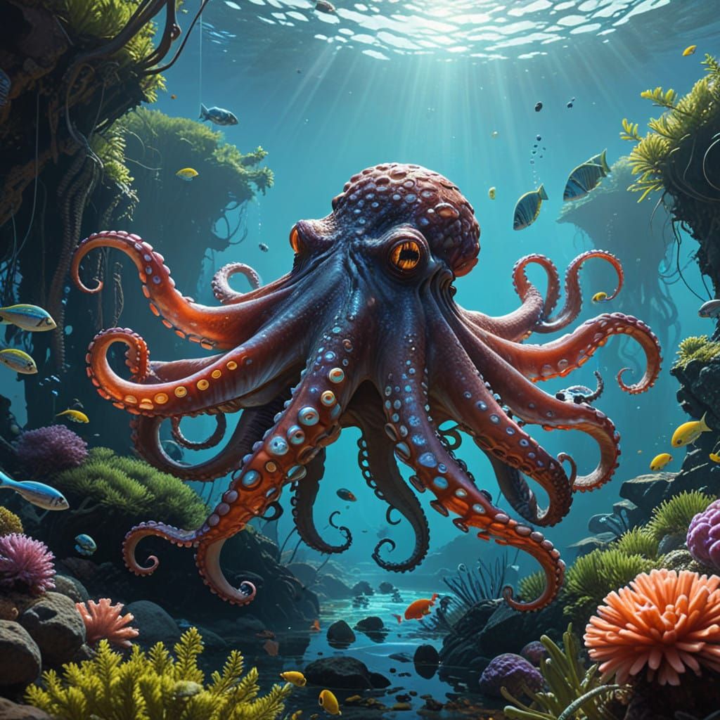 Photogenic Octopus Posing in Bioluminescent Coral Reef